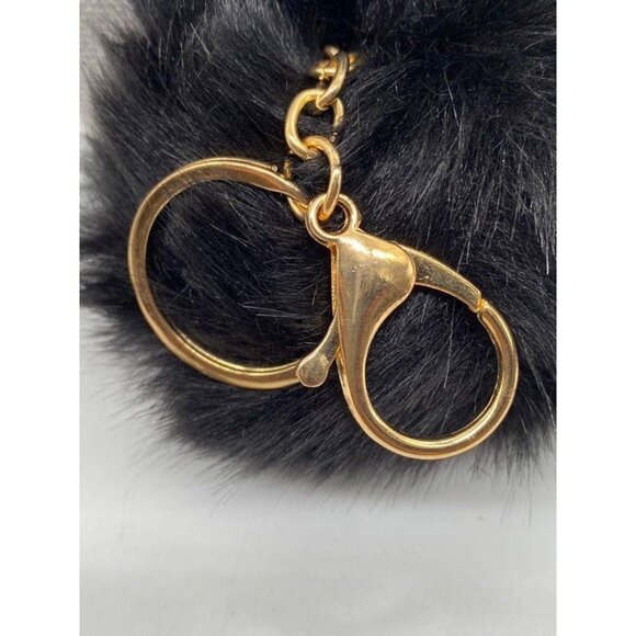 Black Bunny Ears Fur Ball Keychain Charm With Plush Key Holder - Picture 4 of 6